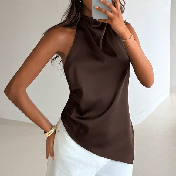 Brown Sexy Women's Backless Halter Neck Blouse - Picture 5 of 6